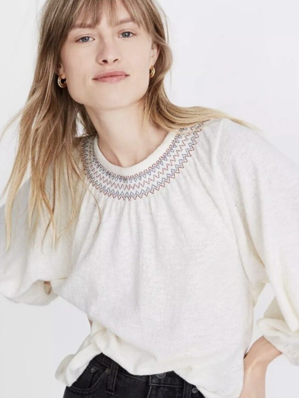 Madewell Cream Embroidered Yoke Pullover